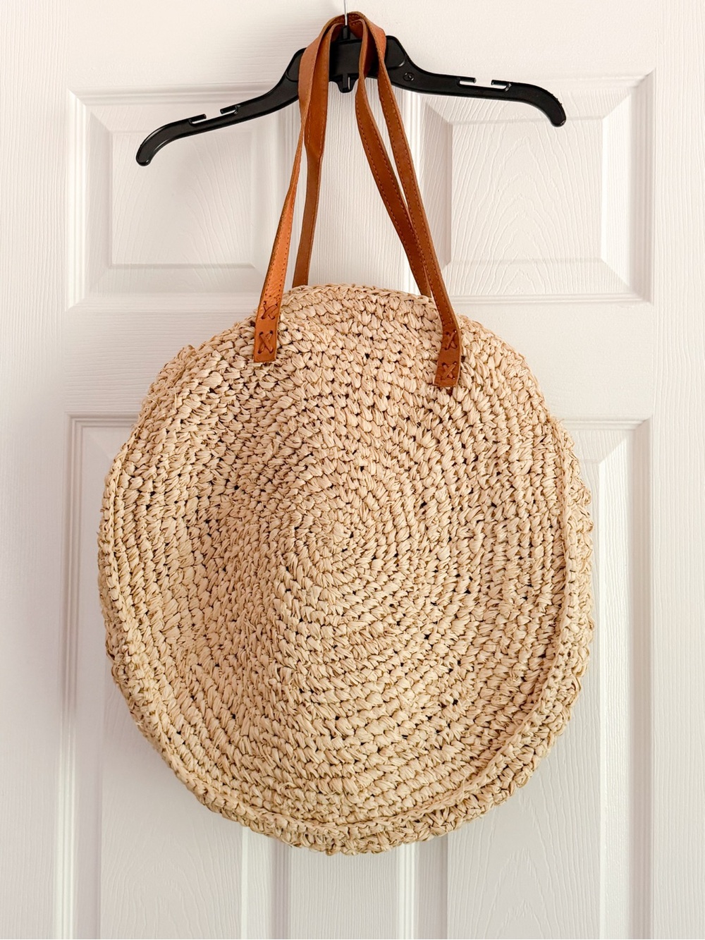 Round Woven Straw Tote with Tan Shoulder Straps